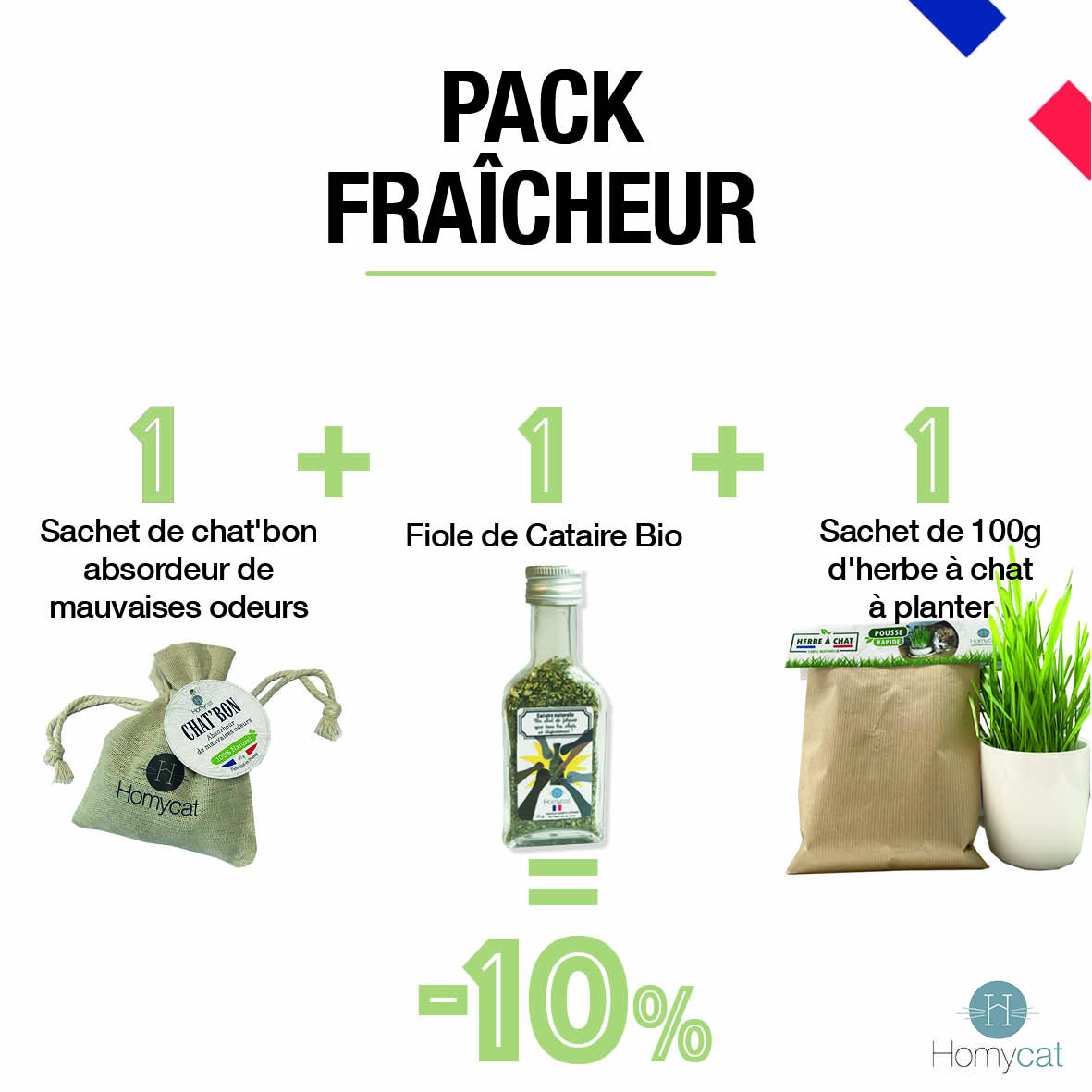 Pack Fraîcheur - 1 x Sachet de Chat'bon + 1 sachet d'herbe à chat à planter + 1 fiole de cataire bio