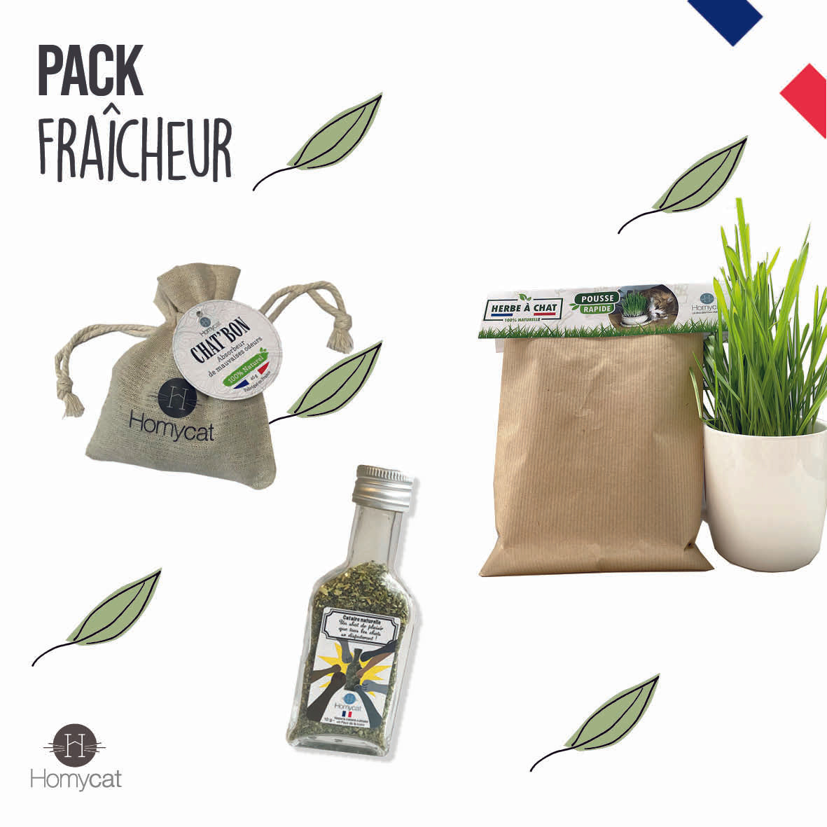 Pack Fraîcheur - 1 x Sachet de Chat'bon + 1 sachet d'herbe à chat à planter + 1 fiole de cataire bio
