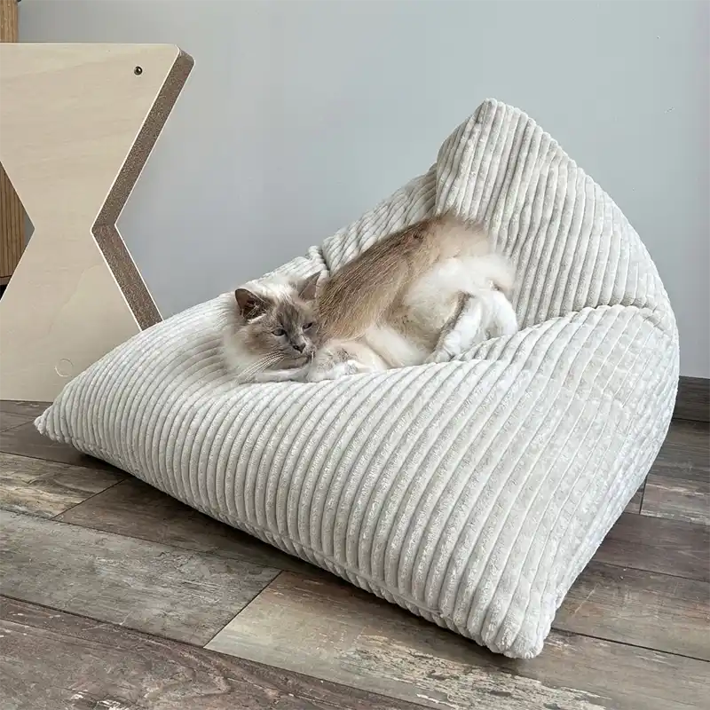 Berlingot Couchage Design Chat - Velours Côtelé Taupe et Ecru