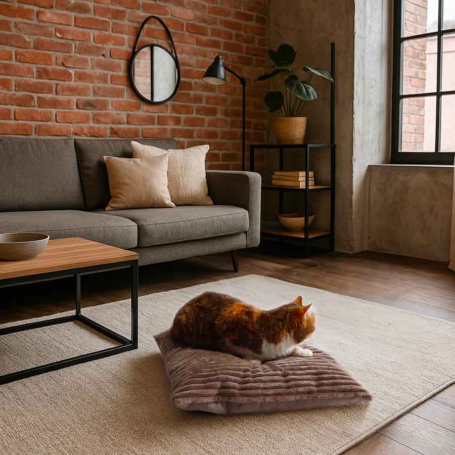 Coussins Design Chat - Velours Taupe et Ecru