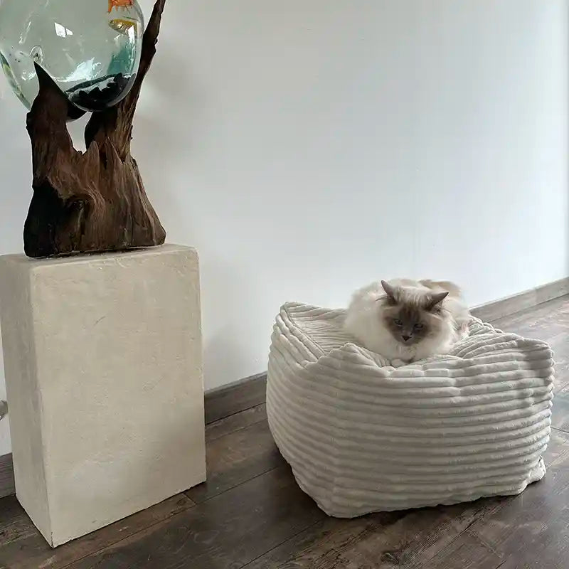 Pouf Cube Design Chat - Velours Taupe et Ecru