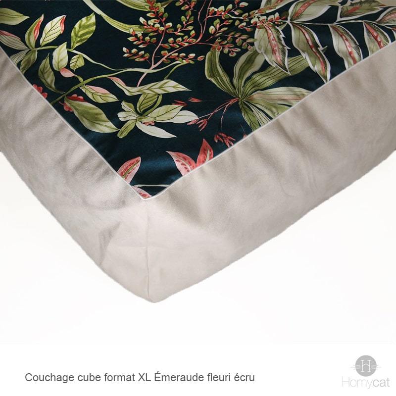 Cube Pouf Émeraude fleuri Écru - Couchage pouf chat design