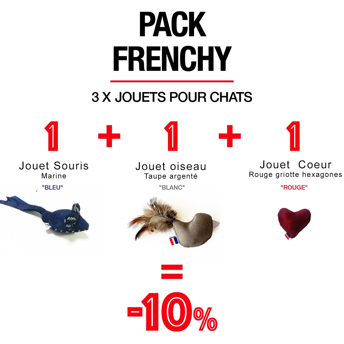 Pack Frenchy - 3 x Jouets pour chats Made in France (oiseau, souris, coeur)