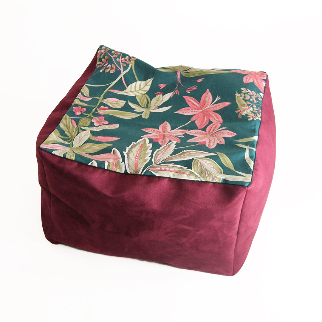 Cube Pouf Émeraude fleuri - Couchage pouf chat design