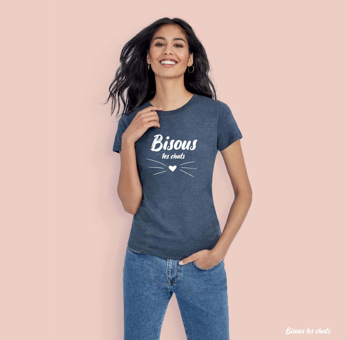 Tee-shirt Denim bleu chiné - Femme - Bisous les chats