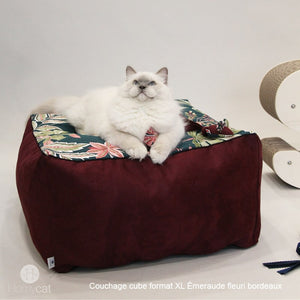 Chat couché sur un Cube format XL Emeraude Fleuri bordeaux de chez Homycat