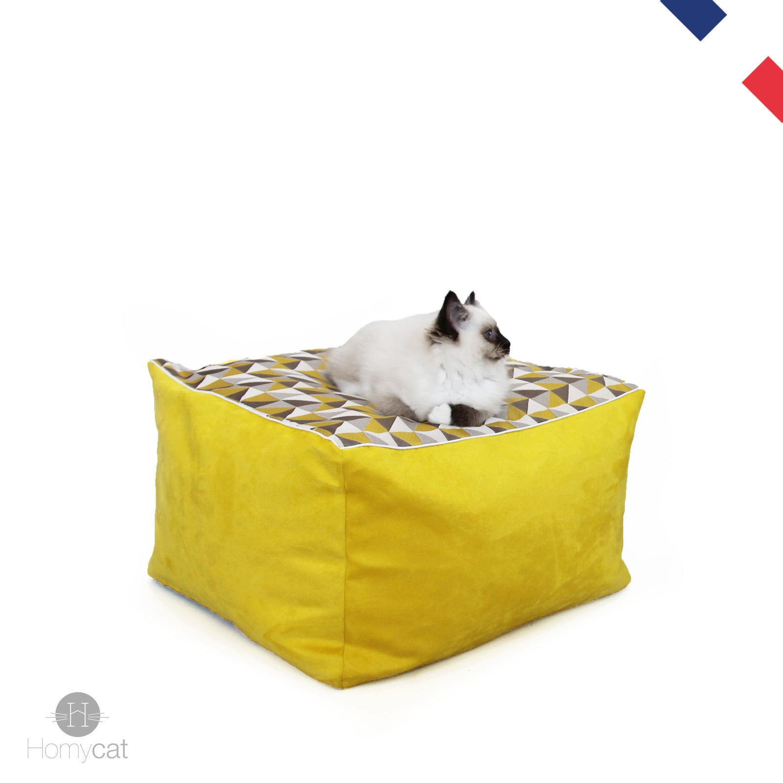Cube triangles jaunes - Couchage pouf chat design
