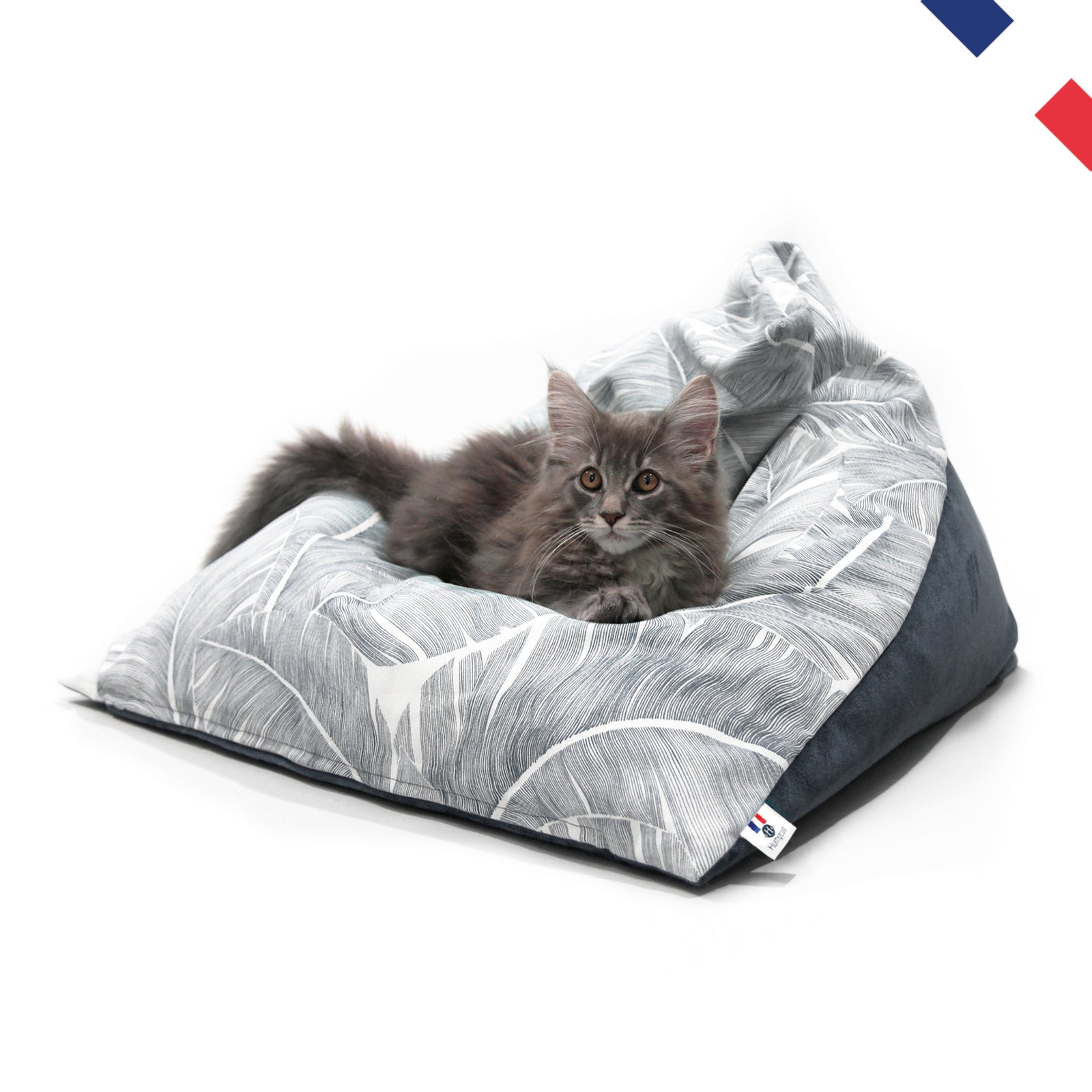 Petit chat sur un berlingot plume gris de chez homycat