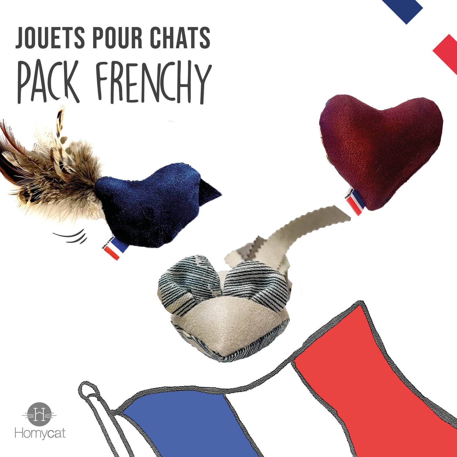 Pack Frenchy - 3 x Jouets pour chats Made in France (oiseau, souris, coeur)