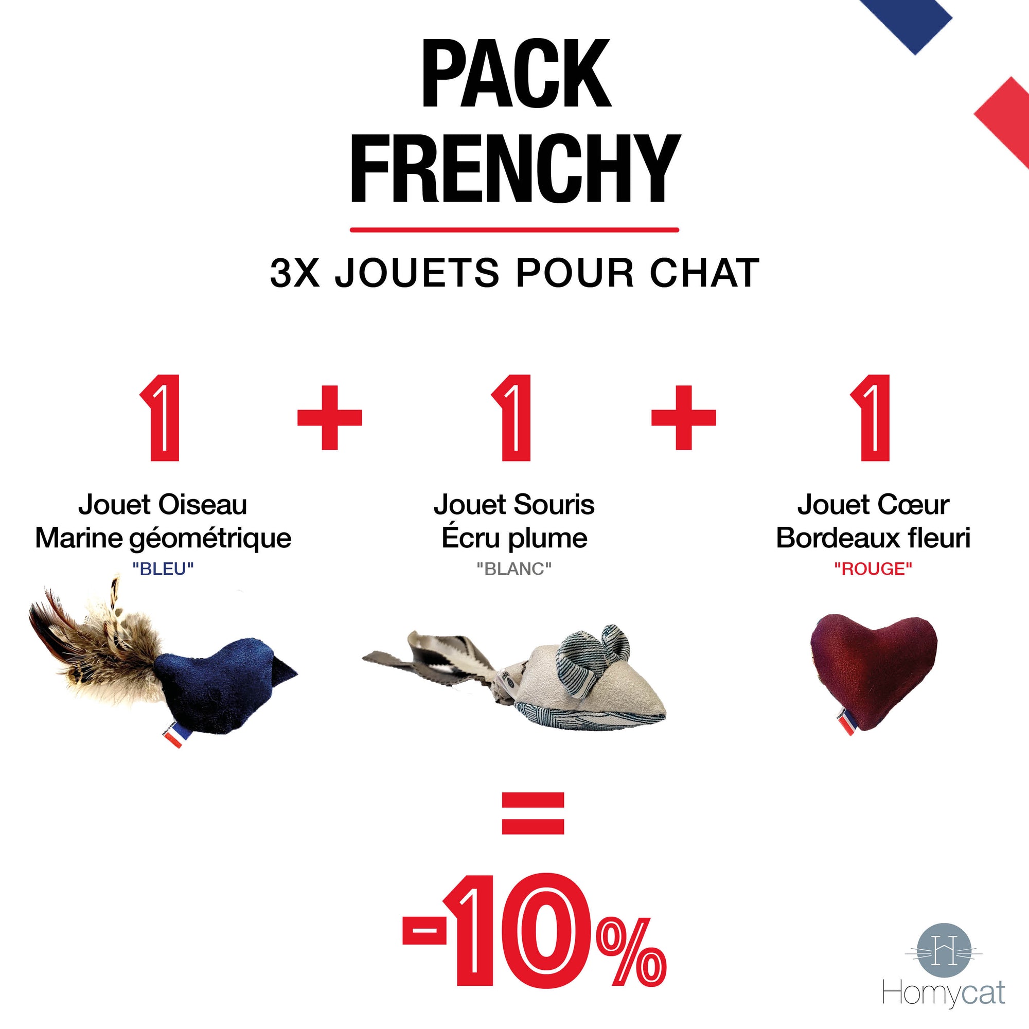 Pack Frenchy - 3 x Jouets pour chats Made in France (oiseau, souris, coeur)