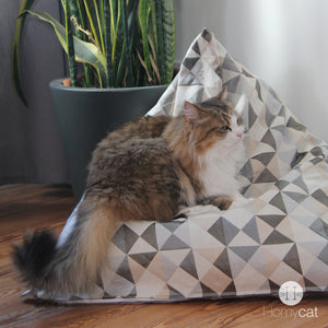 Chat assis sur un berlingot triangles écrus de chez Homycat