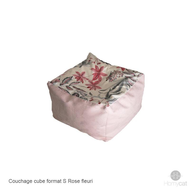 Cube Fleuri Rose - Couchage pouf chat design