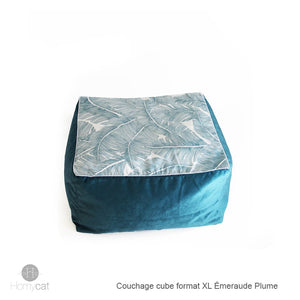 couchage-cube-homycat-bleu-plume-emeraude-ambiance-nature-homycat