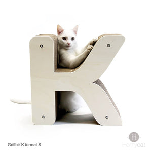 chat-blanc-griffe-lettre-K-carton-bois-france-qualité-homycat