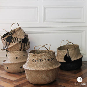 panier-jonc-natuel-deco-chat-homycat-pompons-noir-stylé-design